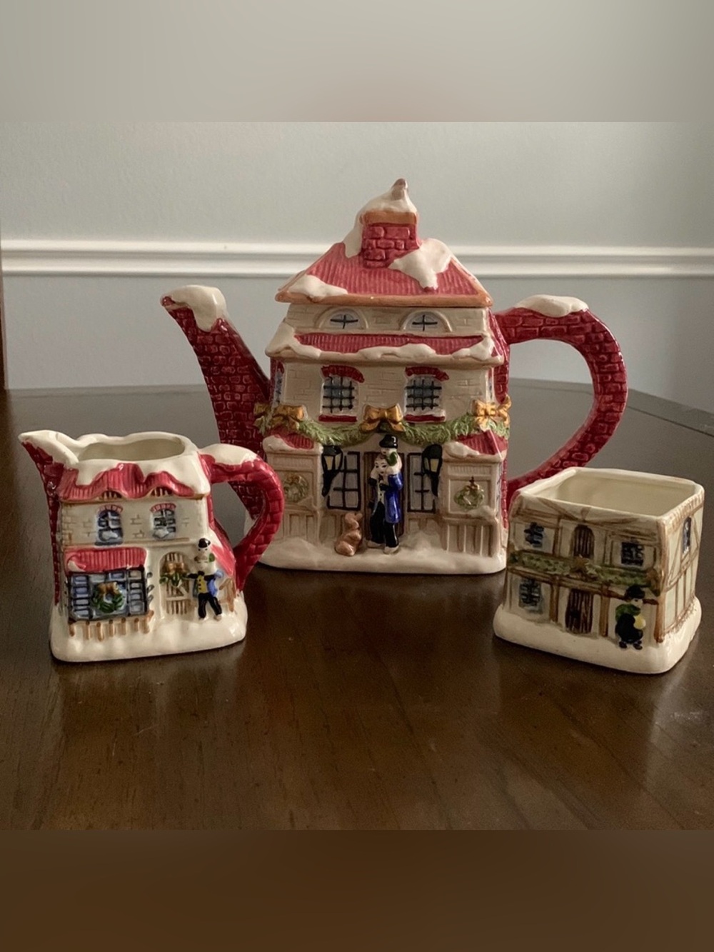 VINTAGE FITZ & FLOYD CHRISTMAS TEAPOT SET COLLECTIBLE DECOR 3 PIECE